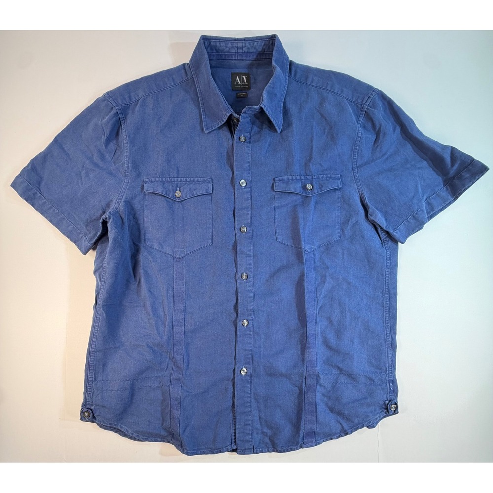 Armani Exchange Mens XL Blue Linen Blend Short Sleeve Button Down Shirt Pockets